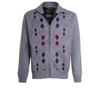 shelikes Mens Cardigan Diamond Pattern Check Fur Line Zip Up Long Sleeve Knitwear Pocket Grandad Jumper Sweater (Grey S)