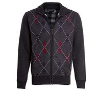 shelikes Mens Cardigan Diamond Pattern Check Fur Line Zip Up Long Sleeve Knitwear Pocket Grandad Jumper Sweater (Charcoal S)