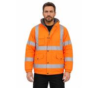 shelikes Men's Hi Vis Bomber Jacket Waterproof High Viz Workwear Coat Hooded Padded Security Safety Jacket with Pockets Reflective Tape & Fleece Lining