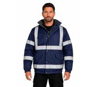 shelikes Men's Hi Vis Bomber Jacket Waterproof High Viz Workwear Coat Hooded Padded Security Safety Jacket with Pockets Reflective Tape & Fleece Lining