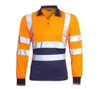 shelikes Mens Hi Vis Viz High Visibility Reflective Tape Safety Polo Contrast Long Sleeve Workwear Tee Tshirt Top Orange/Navy