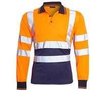 shelikes Mens Hi Vis Viz Polo Tshirt Top Long Sleeve Polos Shirt Workwear High Visibility Tee Shirt Orange/Navy