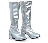 shelikes Womens Ladies Go Go Fancy Dress Party 1960 1970 Retro Patent Shiny Platform Boots Size[SILVER PATENT 4 UK]