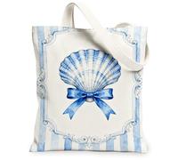 Shell Canvas Tote Bag for Women, Coastal Vintage Bow Stripes Summer Blue Washable Reusable Market Tote Ideas for Family Friends Colleagues Reading Loves 13x15 Inch