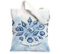 Shell Canvas Tote Bag for Women, Ocean Coastal Nautilus Spiral Summer Blue Washable Reusable Grocery Bag Ideas for Outdoor, Blue, 13x15 Inch