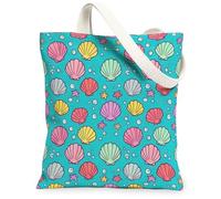 Shell Canvas Tote Bag for Women, Summer Playful Starfish Bubbles Summer Turquoise Washable Reusable Everyday Tote Bags for, Turquoise, 13x15 Inch
