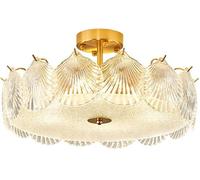Shell Semi Flush Mount Ceiling Light Gold Clear Frosted Glass Drum Ceiling Light Fixture Nordic Coastal Boho Ceiling Lamp for Living Room Dining Room Kitchen Foyer, with
