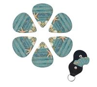 Shell Starfish Pattern Guitar Picks 6 Pack, 0.46mm Thickness Celluloid Bass Pick with Leather Guitar Pick Holder Keychain Abstract Art Pics Plectrum for Acoustic Electric Guitar, Ukulele, Bass