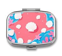 Shell Starfish Pattern Pill Box Travel Pill Organizer 2-Compartment with Mirror Design Portable Square Medicine Case for Vitamins, Jewelry & Essentials Durable Pocket Pillcase for Purse, Camping