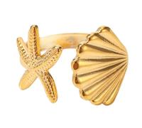 Shell Starfish Statement Ring For Women Girls Gold Plated Surgical Stainless Steel Fashion Adjustable Ocean Sea Style Open Wrap Finger Rings Comfort Fit Chic Holiday Summer Party Jewelry Dainty Gift