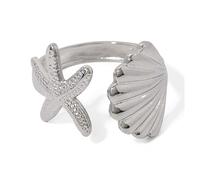 Shell Starfish Statement Ring For Women Girls Gold Plated Surgical Stainless Steel Fashion Adjustable Ocean Sea Style Open Wrap Finger Rings Comfort Fit Chic Holiday Summer Party Jewelry Dainty Gift