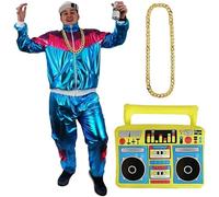 Shell Suit Fancy Dress Costume 80s/90s Shellsuit Chav Outfit + Ghetto Blaster + Gold Chain - Blue Shiny Zip-up Jacket + Trousers Tracksuit + 80’s Boombox + Plastic Gold Chain
