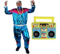 SHELL SUIT FANCY DRESS COSTUME 80S/90S SHELLSUIT CHAV OUTFIT WITH GHETTO BLASTER. INCLUDES: BLUE SHINY ZIP-UP JACKET + MATCHING TROUSERS WITH POCKETS TRACKSUIT + 80’S BOOMBOX. SIZE: XXLARGE