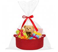 ShellKingdom Storage Basket with Handles, Empty Gift Basket with Gift Bags and Ribbon, Small Woven Baskets for Home, Nursery Storage Organizer, 12 X 8 X 5 INCH, Valentine's Red