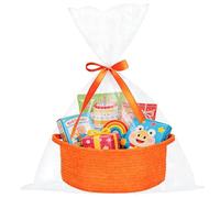 ShellKingdom Storage Basket with Handles, Empty Gift Basket with Gift Bags and Ribbon, Small Woven Baskets for Home, Nursery Storage Organizer, 12 X 8 X 5 INCH, Orange