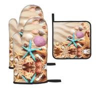 Shells On The Beach Print Oven Mitts And Pot Holders 3pcs Set,Heat Resistant 500°f Kitchen Gloves For Cooking Baking