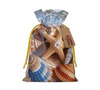 Shells on the beach Printed Christmas Drawstring Bags for Party Xmas Gift Wrapping, Yellow Christmas Ribbon, S