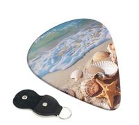 Shells on The Beach Printed Guitar Picks, 6 Pack with Leather Keychain Pick Holder - 0.46mm, 0.71mm, 0.96mm Assorted Thickness for Acoustic Ukulele, Electric Guitar, Acoustic Guitar, Bass