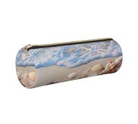 Shells on The Beach Printed Leather Pencil Case Cute Stationery Organizer Round Makeup Bag Pen Pouch, Gold Zipper