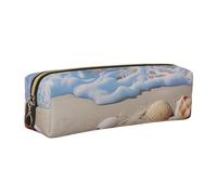 Shells on The Beach Printed Leather Pencil Case Cute Stationery Organizer Simple Makeup Bag Pen Pouch, Gold Zipper