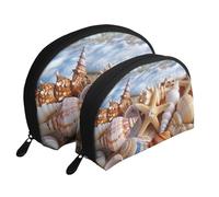 Shells on The Beach Printed Makeup Bags 2-Piece Portable Shell Travel Toiletry Bag Cosmetic Organizer Bag for Women