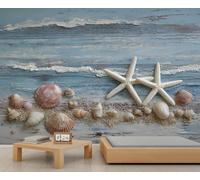 Shells Starfish Wallpaper Beach Treasures On Old Wooden Boards Kids Wallpaper Seaside Shellfish Collection Wall Mural Vintage Distressed Wood Wall Paper for Girls Bedroom Kids Living Room 200X140cm