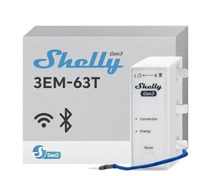 Shelly 3EM-63T Gen3, Wi-Fi Three Phase or Single Phase Installations Energy Meter, 4-Quadrant Measurement, Flat Terminals, No Load Threshold, Photovoltaic Ready, No Hub Required, Accuracy Class B
