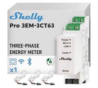 Shelly Pro 3EM-3CT63, Wi-Fi & LAN Single or 3-phase Smart Energy Meter & Current Transformer, 63A, DIN-rail mountable, Real-Tim Monitoring, No Hub Required, Solar/Net Metering, No Relay Switch