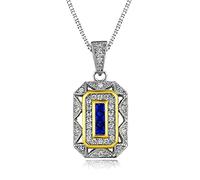 SHELOVES Vintage Pendant Necklac for Women Blue Sapphire Gemstone CZ 925 Sterling Silver Art Decco Chain 18" Gift For Her
