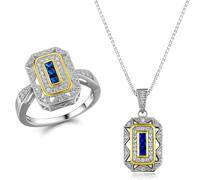 SHELOVES Womens Vintage Jewelry Set Geometric Sapphire Pendant Necklace Art Decco Statement Rings 925 Sterling Silver CZ