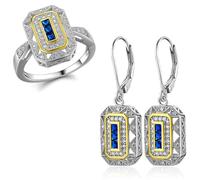 SHELOVES Womens Vintage Jewelry Set Geometric Sapphire Stub Earing Art Decco Statement Rings 925 Sterling Silver CZ