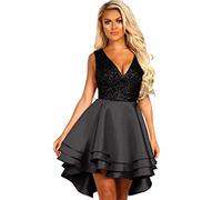 shelovesclothing Women's Pink Gold Sequin Multi Layer Skater Mini Dress with Low Plunge V Neck (Black, Large 16-18 UK)