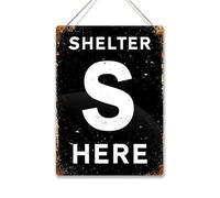 Shelter here S. Small metal sign with 2 holes and twine. Portrait black ww2 anderson