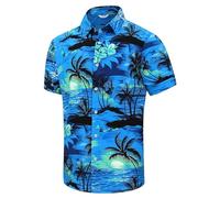 SheLucki Hawaiian Shirt for Men, Unisex Summer Beach Casual Short Sleeve Button Down Shirts, Printed Palmshadow Clothing, Palm Tree Blue, XL