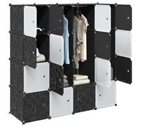 Shelving System with 16 Cubes and Hanging Rods Made of PP Plastic, 145.5 x 46.5 x 144 cm, Versatile Organiser System with Clothes Rail, Shoe Rack and Dust Cover for Hallway