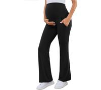 Shen&Qege Maternity Flare Pants Over The Belly Work Pregnancy Pants Stretchy Lounge Wide Leg Trousers with Pockets Black