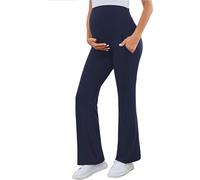 Shen&Qege Maternity Flare Pants Over The Belly Work Pregnancy Pants Stretchy Lounge Wide Leg Trousers with Pockets Navy