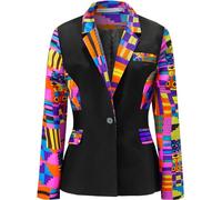 SHENBOLEN Women African Print Coat Notched Lapel Pocket Blazer Jacket, G, L
