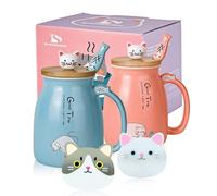 SHENDONG 2 Pack Cat Mugs Cute Ceramic Coffee Cups Set of 2 with Kawaii Bamboo Lid and Spoon Novelty Morning Cup Coffee Milk Tea Mugs - 3D Animal cat Mugs Cat Lovers Gifts(Blue and Red)