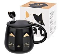 SHENDONG Black Cat Mug Cute Ceramic Coffee Cup with Kawaii Lid and Lovely Stainless Steel Spoon Novelty Morning Cup Coffee Milk Tea Mugs - 3D Animal Mugs for Cat Lovers Women Gifts(Black)