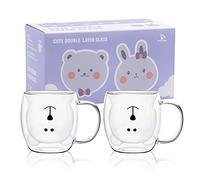 SHENDONG Cute Bear Mugs Set of 2 Cute Cups Bear Tea Coffee Cup with Handle 8.5oz Milk Cup Double Wall Insulated Glass Gift for Birthday Valentine's Day and Office (2 Pack, White Bear)