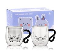 SHENDONG Cute Cat Mugs Set of 2 Tea Coffee Cups with Handle 8.5oz Milk Cup Double Wall Insulated Glass Espresso Gift for Personal Birthday Valentine's Day and Office (2 Pack, White Black)