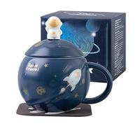 SHENDONG Kawaii Astronaut Cup Space Embossed Planet Mug - Cute Ceramic Coffee Cup With Lid, Spoon and Coaster for Tea, Milk - Novelty Morning Cup for Girl Boy Friends Deep Blue