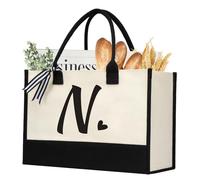shenee Initial Canvas Tote Bag, Personalized Beach Jute Bag Present for Women Holiday,Friends Birthday Gift,Wedding, New Year, Black-white, L, N