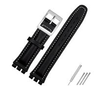 SHENGANG Genuine leather bracelet,for swatch Strap Plain watch band 17mm 19mm Wrist Strap red Watchbands Women man watch belt accessories (Color : Black white silver, Size : 17mm)