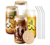 SHENGBEIDZ Custom Glass Cup with Bamboo Lid, Personalized 16oz Iced Coffee Tumbler with Glass Straw Set, Bridesmaid Proposal Gift for Wedding Party, Maid of Honor Gift for The Couples