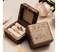 SHENGBEIDZ Personalized Solid Walnut Engagement Ring Box, Customized 5x5x3.5cm Small Vintage Jewelry Storage Boxes With Engraved Name/Date, Ring Holder For Wedding, Proposal Ceremony