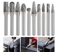shengbenhao Tungsten Carbide Burr Set 1/4" Shank,10 Pcs Double Cut Die Grinder Bits Rotary Burrs for Metal Wood Working, Grinding, Drilling, Milling, Carving, Weld Deburring