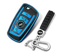 shengjue Car Key Shell Cover Fob with Chain TPU leather Effect Car protection Key Case for BMW 1 3 4 5 6 7 Series X3 X4 M5 M6(Blue)