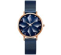 SHENGKE Creative Starry Sky Women Watch with Stainless Steel Mesh Band Genuine Leather Elegant Floral Women Watches(Starry-Mesh Band-Blue)